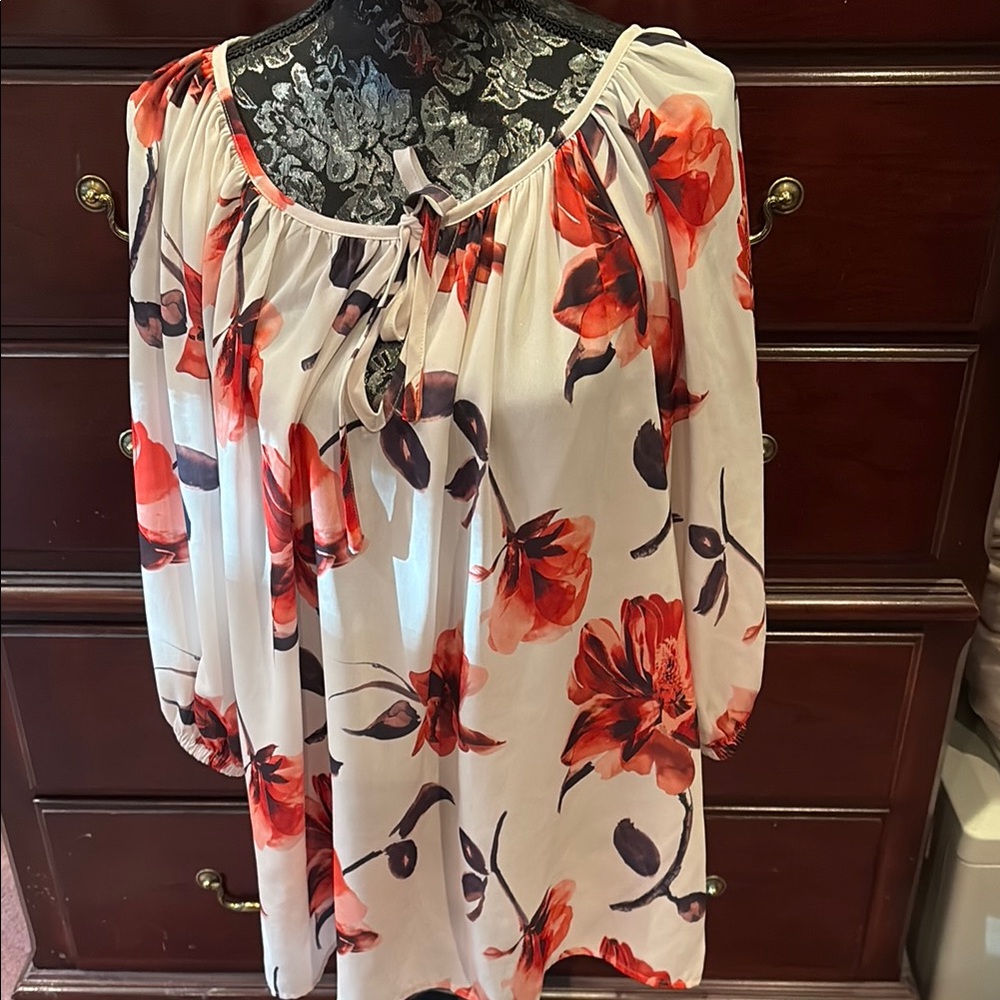 Karen Kane Floral Peasant Blouse with Red and Black Accents, 1X